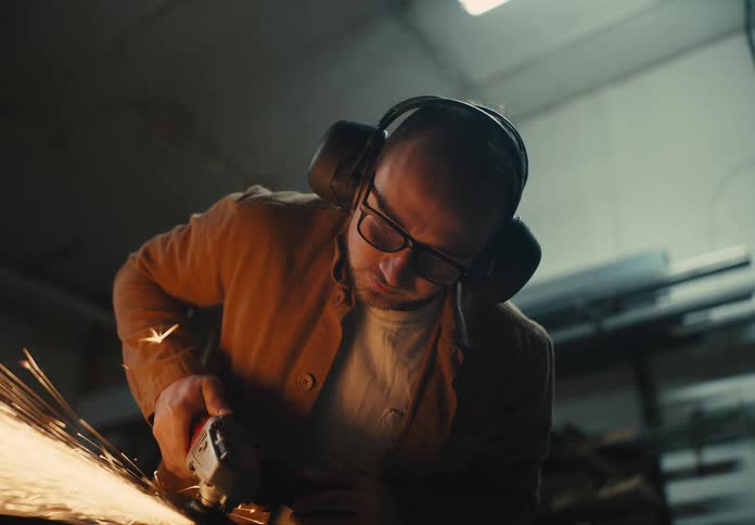 A man is using an angle grinder in the shop
