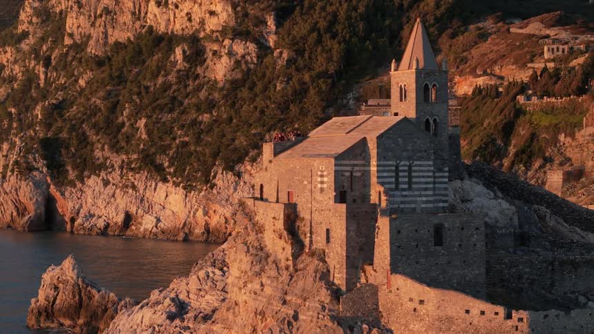 Aerial view of a classic seaside castle