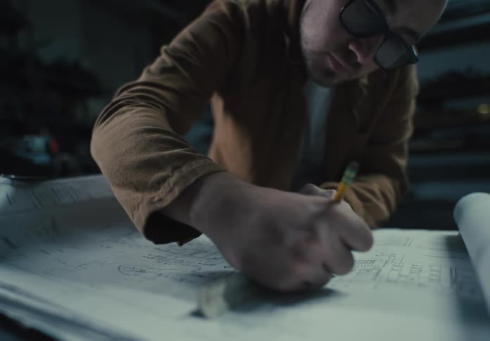 An architect is drawing lines on a blueprint