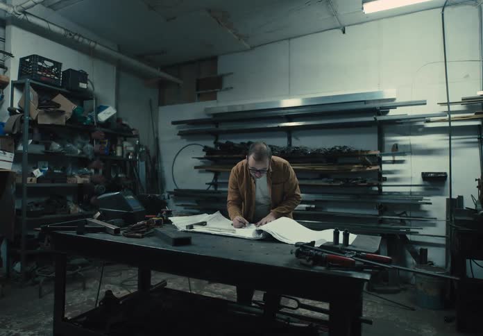 Man working on a project on a table in a workshop