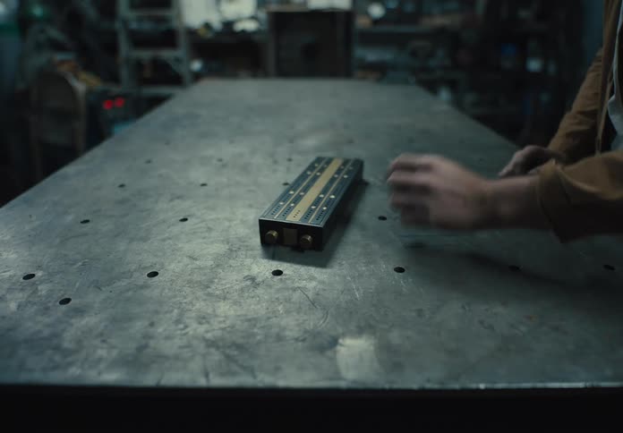 Man places aproject on a workbench in his workshop and adjusts it