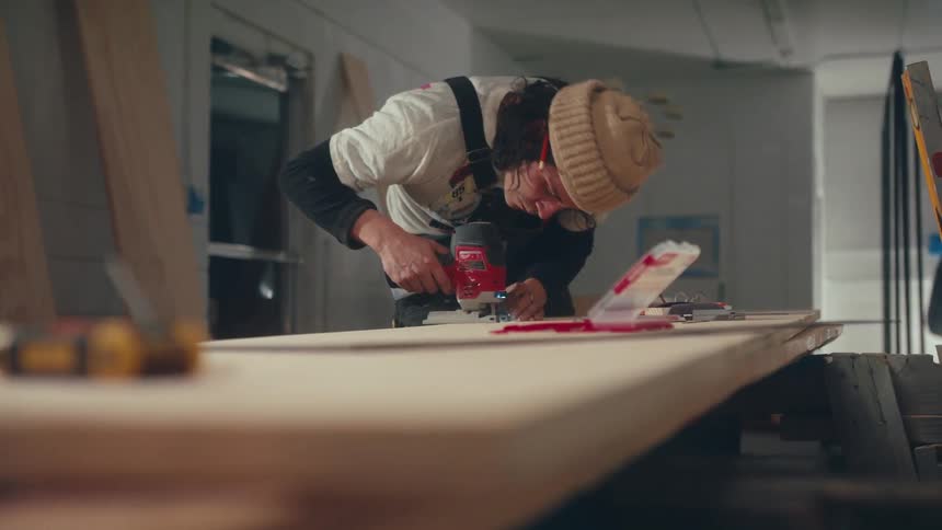 A carpenter wearing a beige beanie glasses and a white shirt with overalls focuses on using a power tool while working on a wooden surface in a workshop