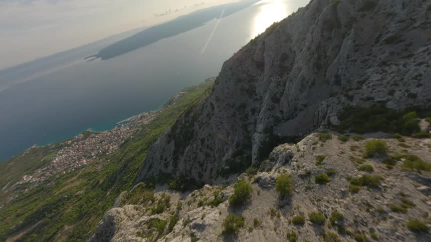 Aerial panorama of a mountainous valley by the sea