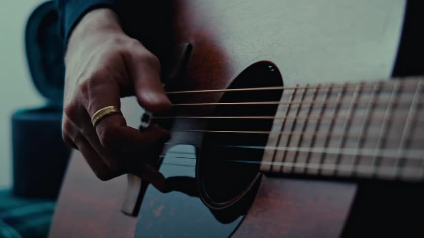 Close up of a musicians hand playing guitar