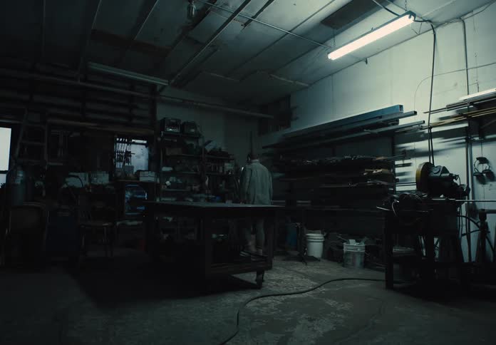Man turning on the lights in a workshop with machinery