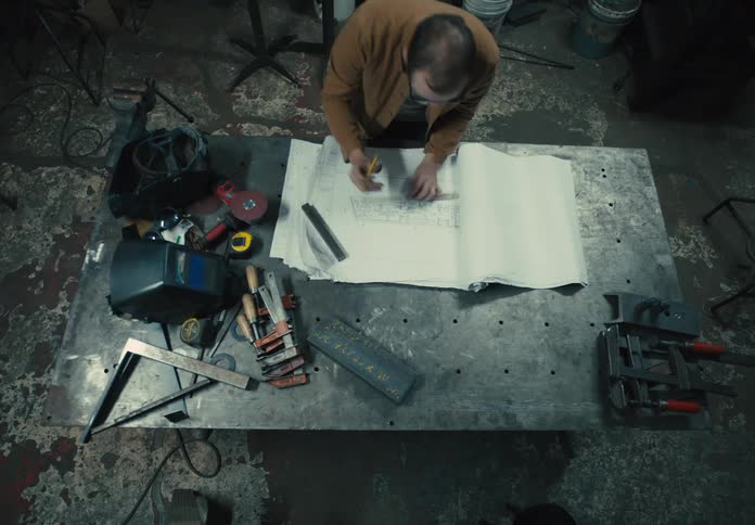 An architect rolls out blueprints and makes marks on them
