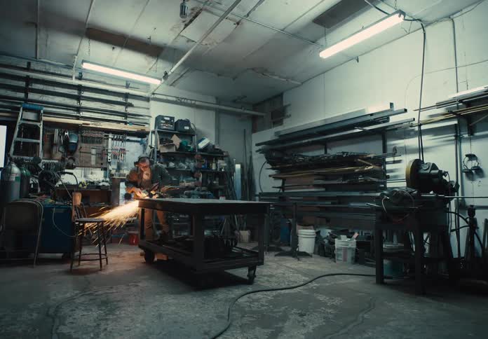 Man puts on safety gear and turns on a fan before working on a project in metal in a workshop