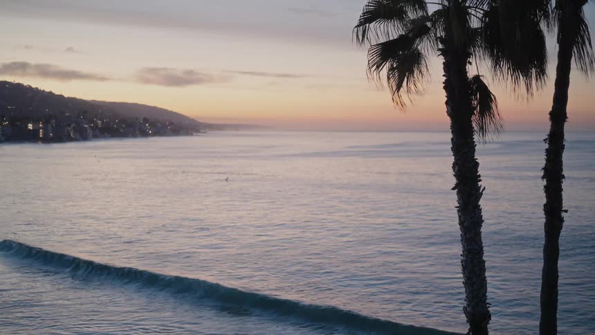 Coastal community on the promontory overlooks waves rolling into shore as palm trees moves in the breeze