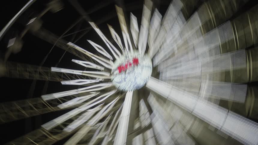 Upward view of an illuminated ferris wheel at an amusement park