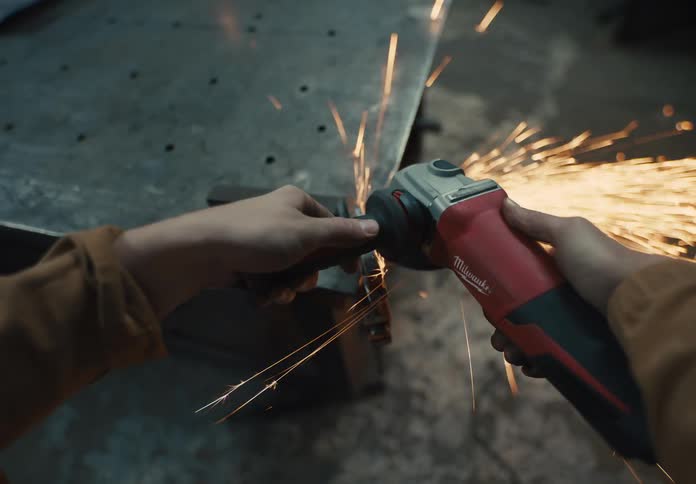 A man is using an angle grinder and it gives off sparks