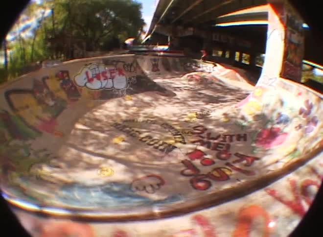 A fisheye lens captures a skateboarder performing a trick under a bridge with sunlight and trees in the background