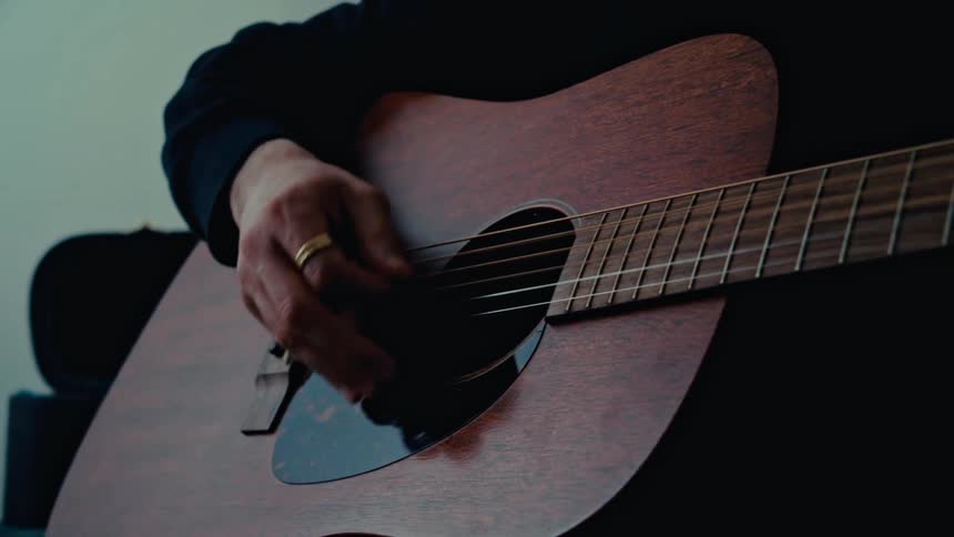 A man is sitting and playing the guitar
