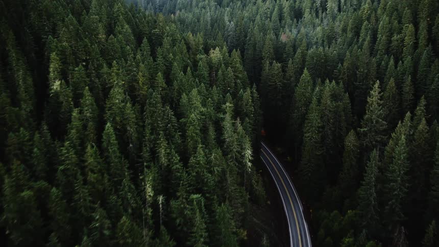 Aerial aerial view of a long asphalt highway surrounded by mountains and coniferous forests