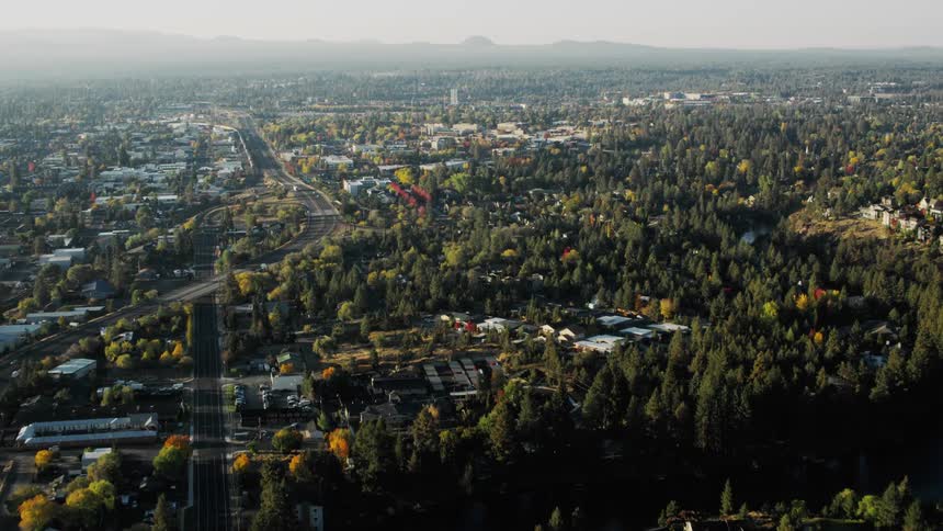 An aerial view of a city with a mix of residential and commercial areas surrounded by lush green trees and a body of water