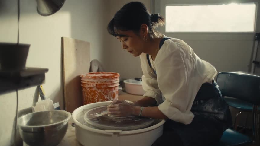 Woman in a room working with clay