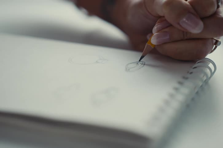 A womans hand sketching a design on a piece of paper with a pencil