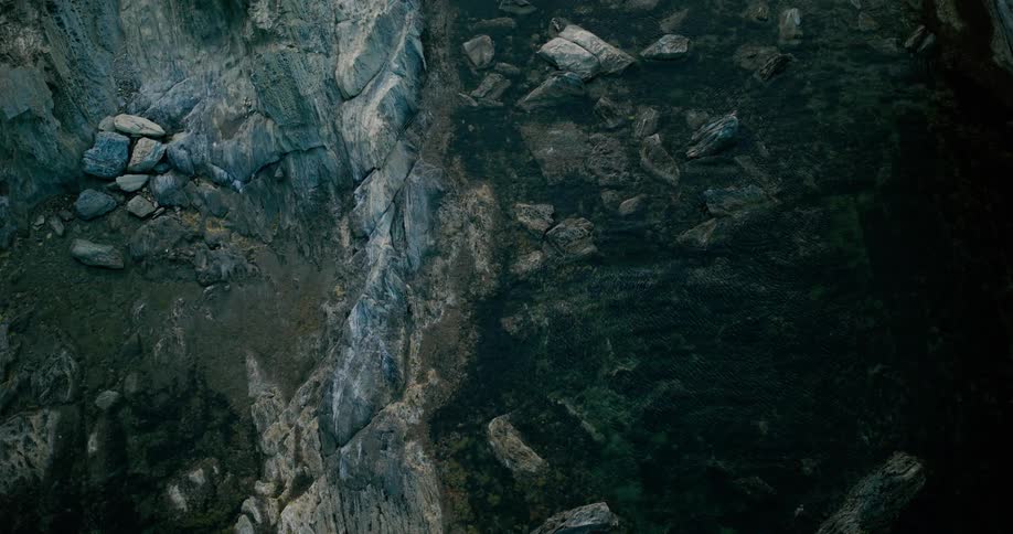 An aerial clip of a rocky river