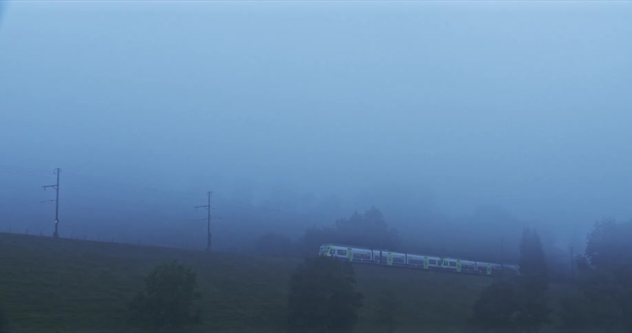 A train travels through a foggy landscape with trees and hills partially obscured by the dense mist