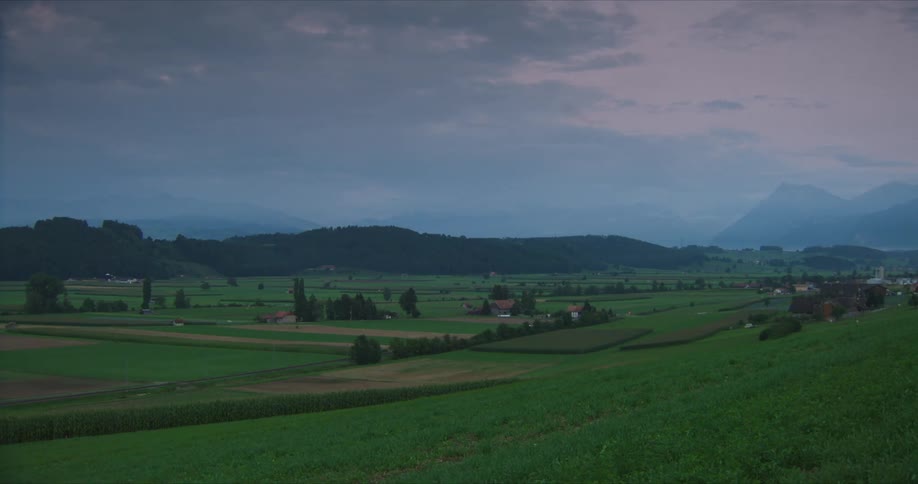 Train passing through a green region with agricultural fields and mountains on the horizon