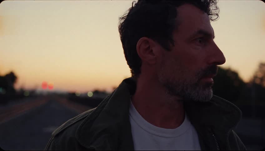 A person in a white shirt and green jacket stands on a deserted road at sunset