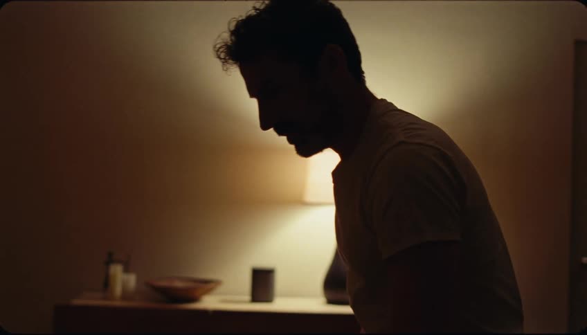 A man is packing clothes on a suitcase over a bed in a dimly lit room