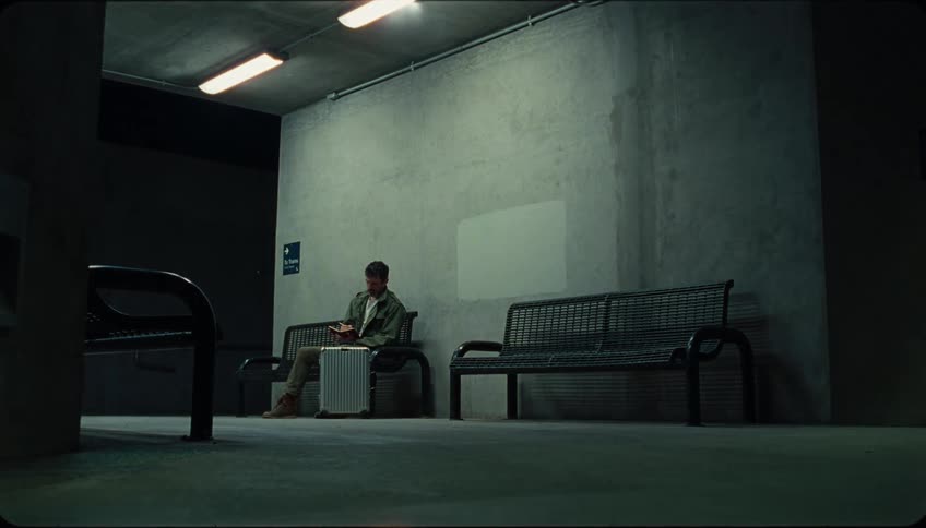Young man indoors sitting on a metal bench on a station or airport reading through a book with a suitcase next to him indoors