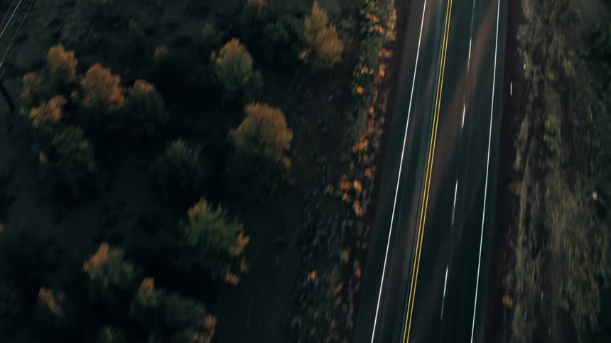 An aerial view of a straight twolane highway bordered by dense vegetation
