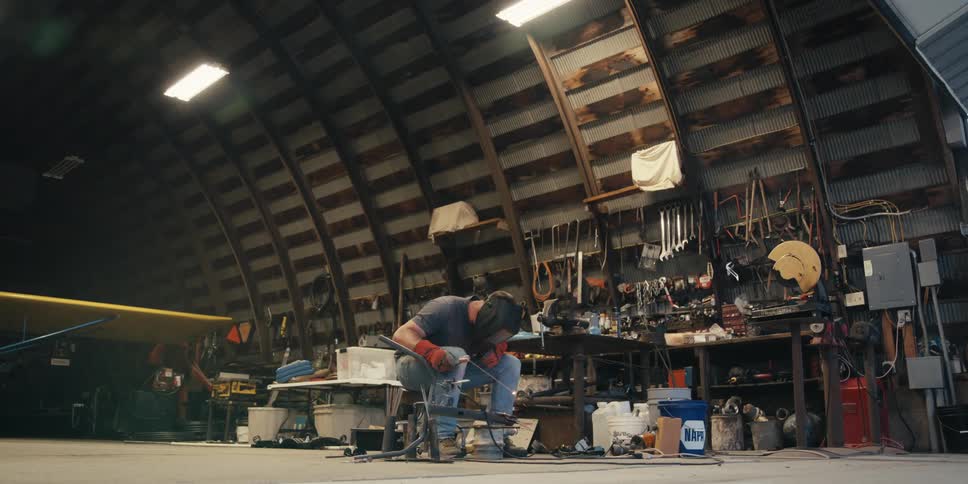 A person in protective gear is welding metal pieces together with bright sparks flying