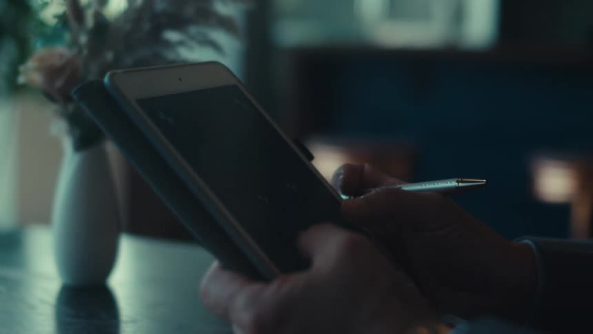 Person working from mini tablet while sitting at a table indoors