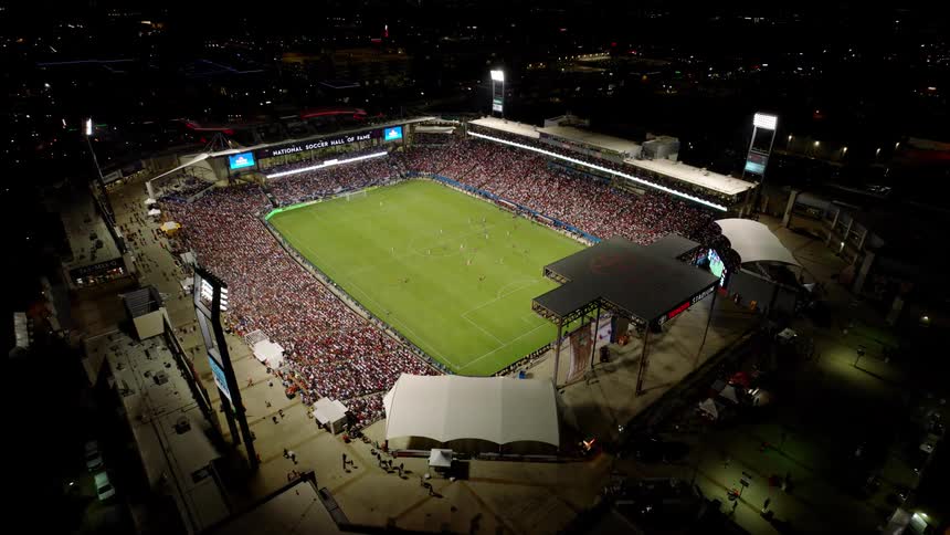 A large crowd is at the soccer game