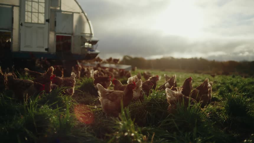 A flock of chickens pecks in a grassy field near a mobile coop with the sun setting in the background
