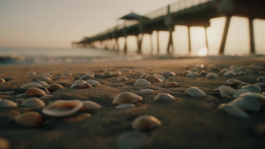 Ocean waves move towards the sandy beach covered in seashells