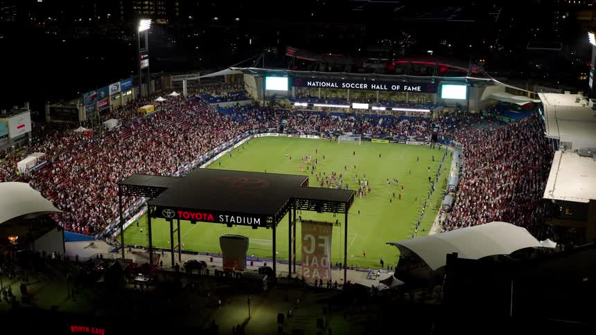 Aerial view soccer stadium at night