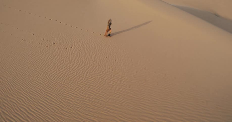 Aerial view of a person walking across a vast sandy desert landscape