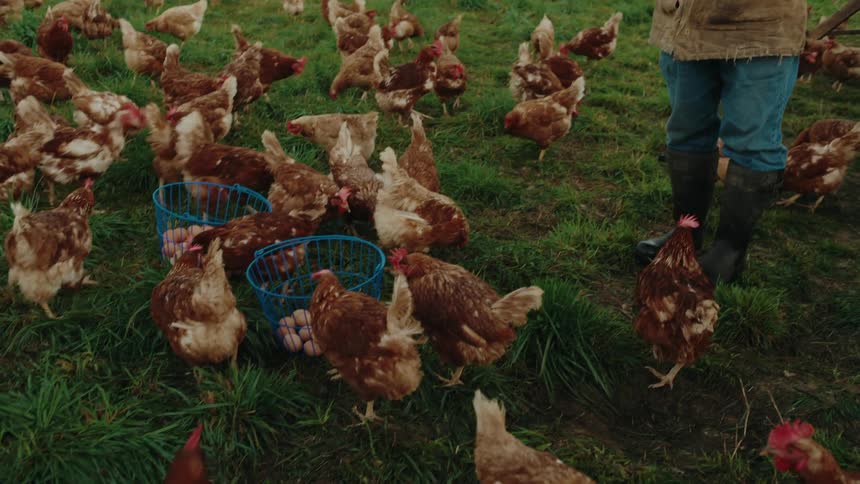 A person standing looking at several chickens in a large field of grass that are feeding