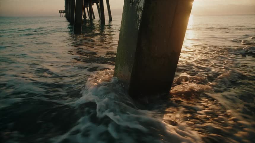 The dynamic interplay of sea and structure as waves crash against a weathered pier post creating a spray of foamy water in the golden light of sunset