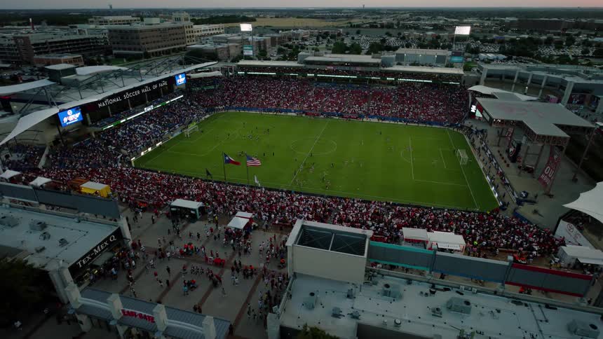 Aerial view of crowd of fans at a sports stadium