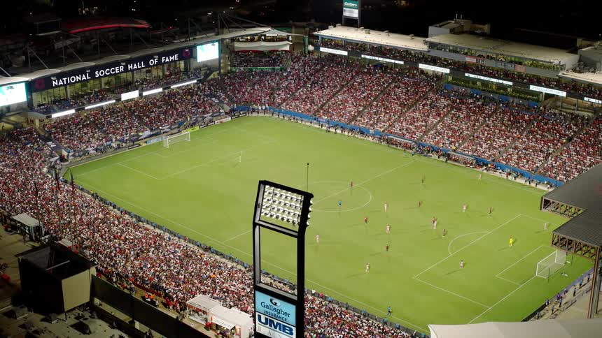 Aerial view of soccer stadium at night