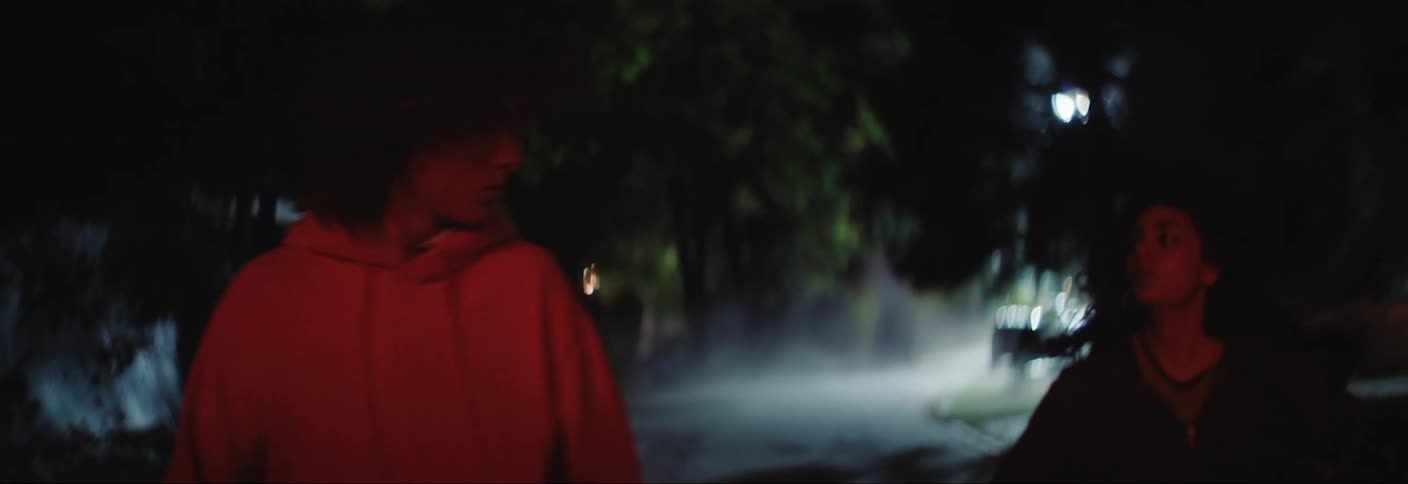 A teenage boy riding a skateboard on a foggy suburban street meets a friend and walks away