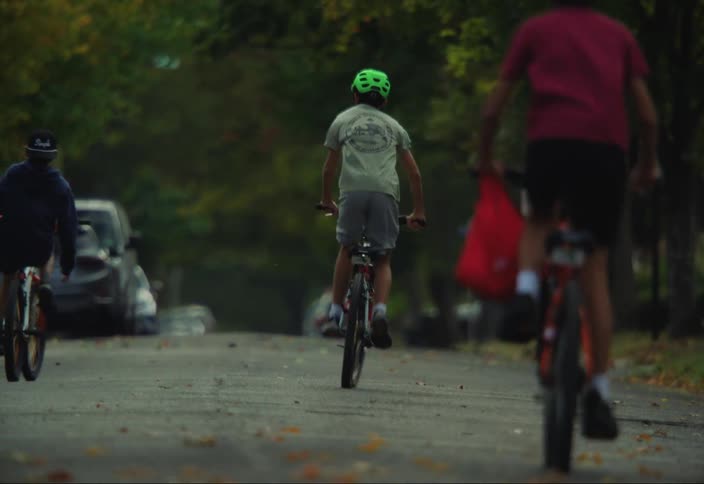 Children are riding bicycles down a treelined street