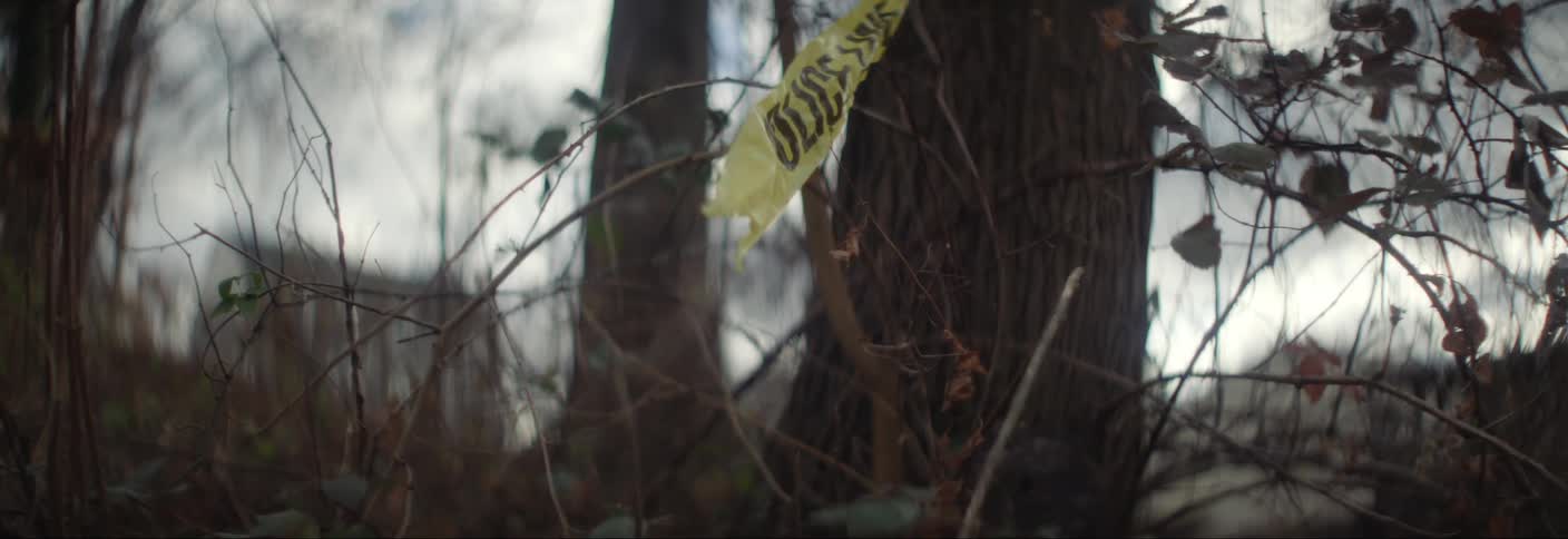 A piece of yellow plastic tape stuck to a tree branch on the ground moving in the wind