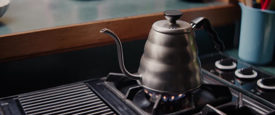 A stainless steel kettle with a gooseneck spout sits on a gas stove