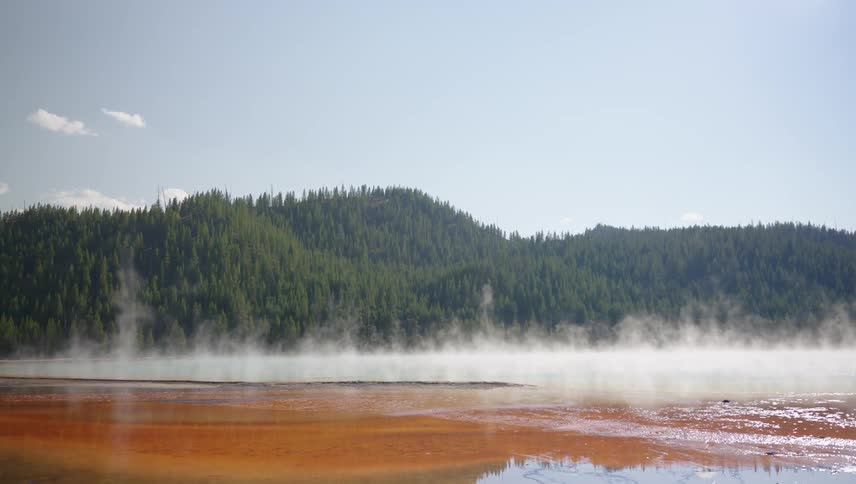 A geothermal hot spring with a vibrant orange color emitting steam against a backdrop of a forested hillside and a clear blue sky