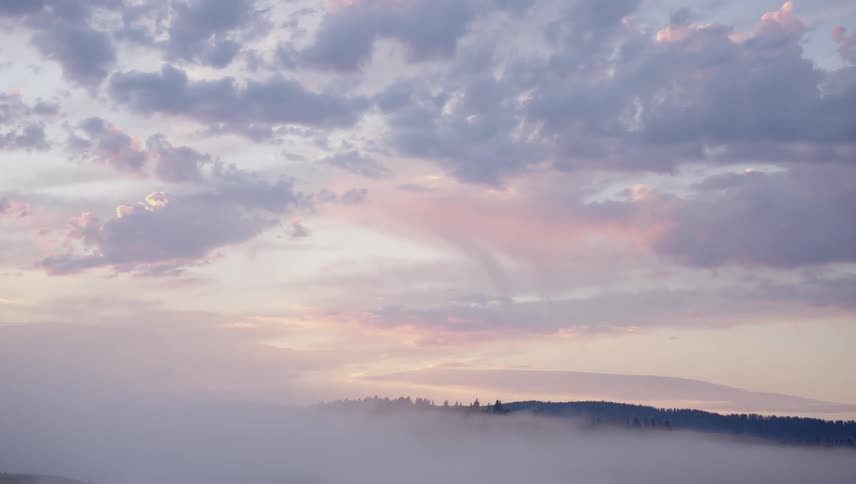 A hazy pastelcolored sky at dawn with a lowlying fog bank obscuring the horizon