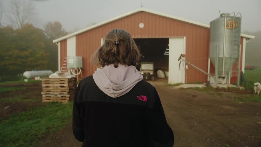 A person with his back turned is wearing black clothing and walking towards a barn