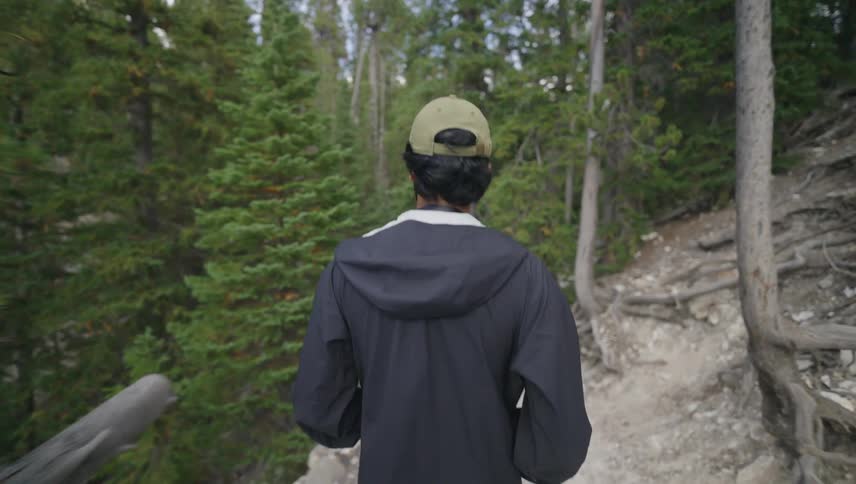 A person wearing a green cap and a dark jacket is walking on a forest trail surrounded by dense evergreen trees