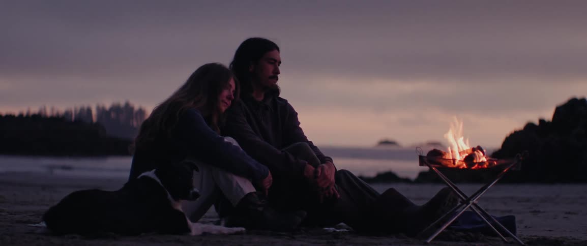 A man, woman and their dog are sitting on the beach next to a small fire