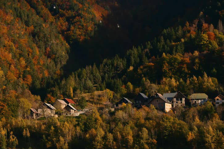 A small village nestled amongst a colorful autumn forest