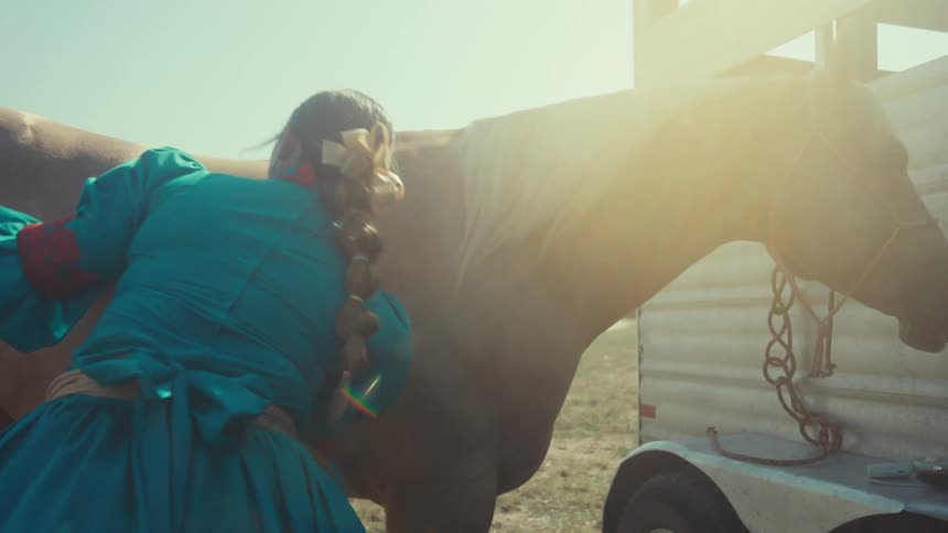 A woman in a blue dress with a braided hairstyle is grooming a horse in an outdoor setting with bright sunlight