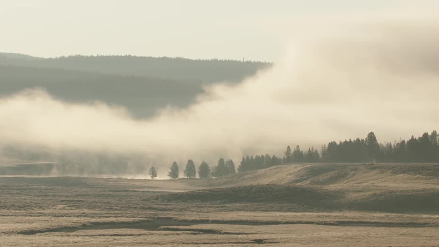 The morning mist swirls gently through the valley